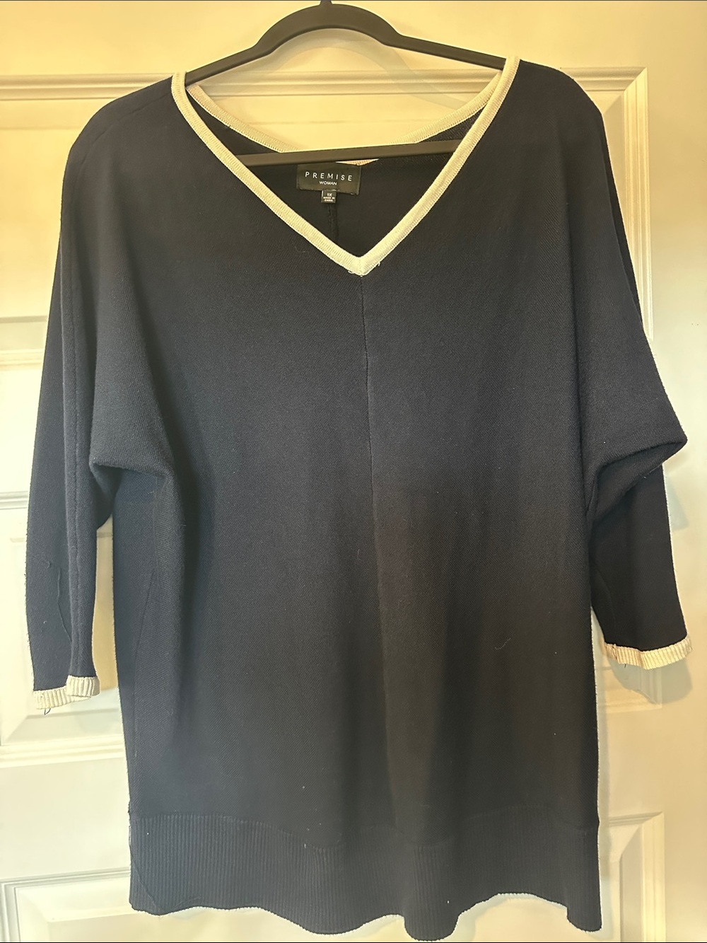 Premise Black V-Neck Sweater with Cream Trim